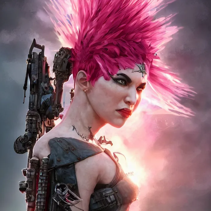 Image similar to beautiful apocalyptic woman with pink Mohawk, standing on mad max panzer tank, 4k ultra hd, fantasy dark art, tank girl, artgerm, artstation, octane render, elegant, detailed digital painting