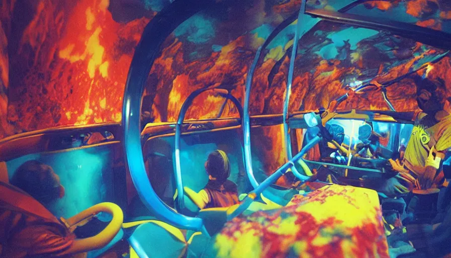 Prompt: 1990s photo of inside the Garfield's Lava Lamp ride at Universal Studios in Orlando, Florida, riding a Lava lamp through a world of Lasagna, cinematic, UHD