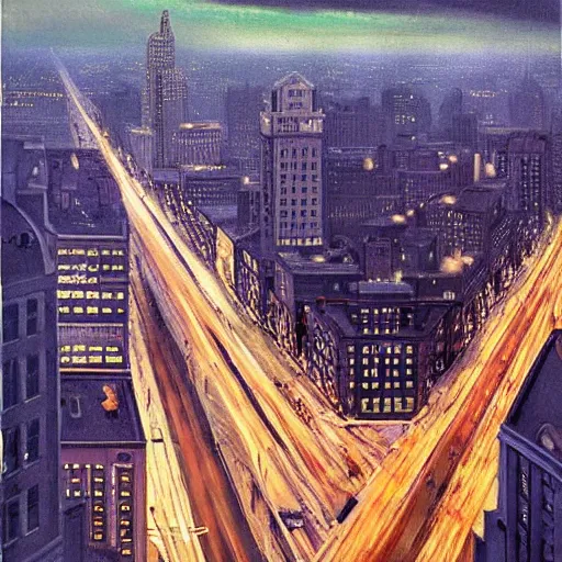 Image similar to photorealistc full - color painting of a nightmarish boston downtown skyline in 1 9 2 5 at night with a horrifying sky, aerial view, dark, brooding, night, atmospheric, horror, cosmic, ultra - realistic, smooth, highly detailed by dave dorman