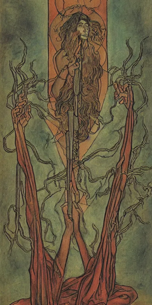 Prompt: tenth of wands tarot card by austin osman spare