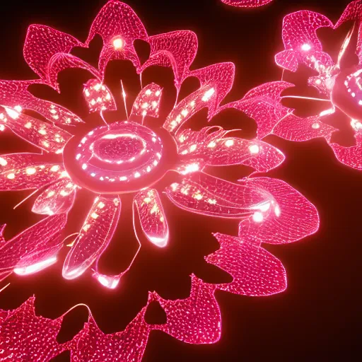 Image similar to glowing flower blooming at twilight, glow, wide-angle lens,, glowing neon, unreal engine, cinema 4d, cryengine