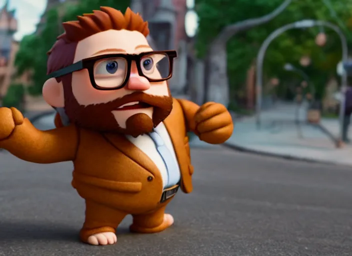 Prompt: bearded ginger man with glasses as nendoroid, wearing a suit, walking on a street in the croods movie style, anime, disney, pixar, 8 k, hd, dof, kodak film, volumetric lighting, subsurface scattering, photorealistic, octane render, details