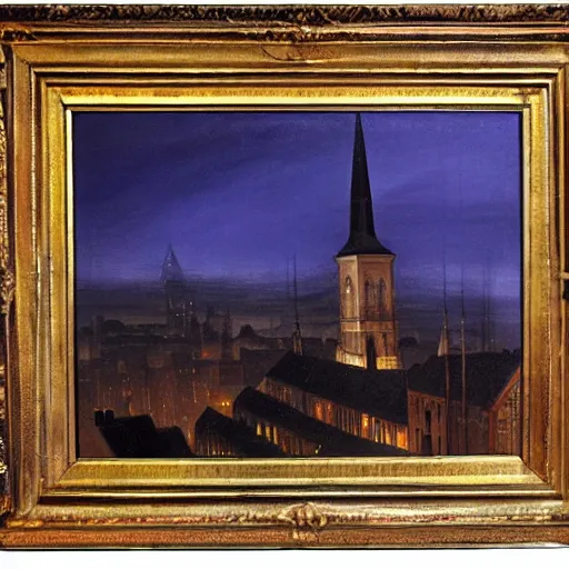 Prompt: city, church, night, dramatic light, oil painting, by caspar david friedrich