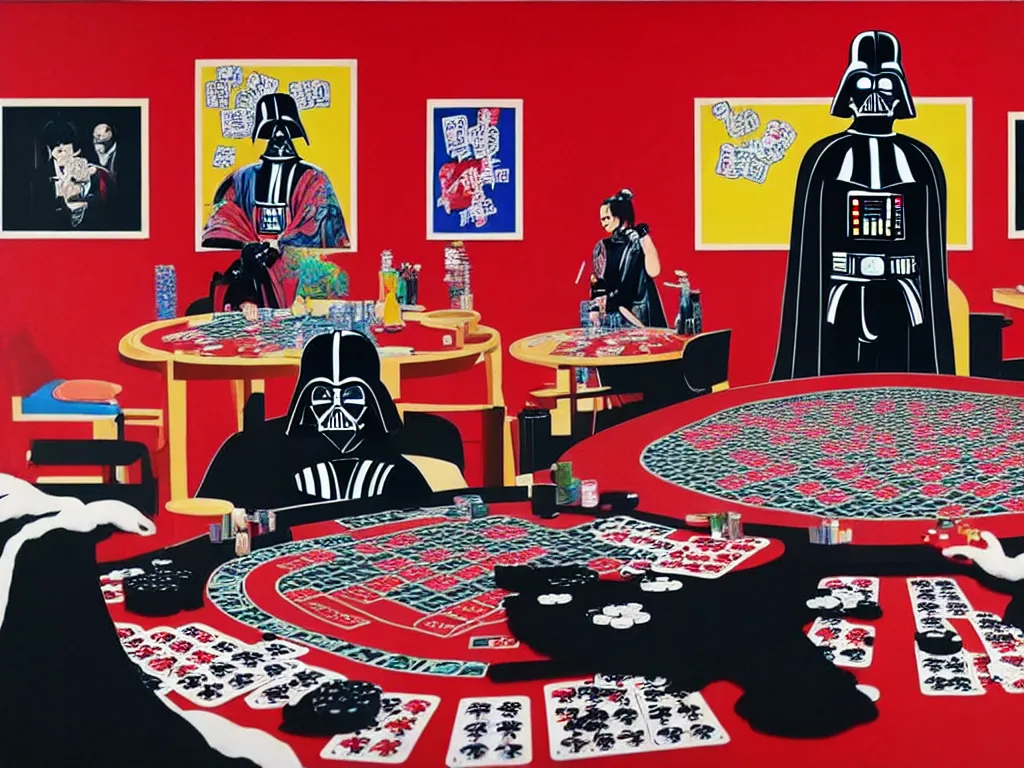 Image similar to hyper - realistic composition of a room with an extremely detailed poker table, croupier in traditional japanese kimono standing nearby, darth vader sitting at the table, fireworks in the background, pop art style, jackie tsai style, andy warhol style, acrylic on canvas