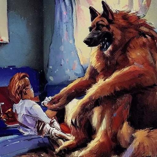 Image similar to a humanoid german shepherd beast - man, sitting and watching a soccer match in his house on television, he has hurt his knee and is a dad, by erin hanson, alexi zaitsev, karl spitzweg, award winning, tv set