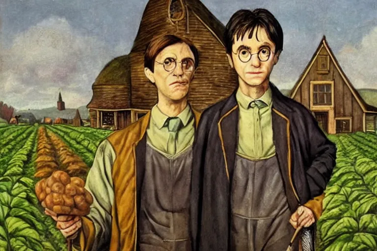 Prompt: Portrait of Harry Potter as a potato farmer in the style of American Gothic, painting, 1960s