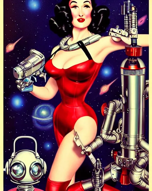Image similar to closeup beautiful retro space dita von teese posing with a chrome robot in dieselpunk city at night, pinup, windblown dark hair, seductive, hyper detailed, digital art, smooth, sharp focus, gil elvgren, luis royo, alberto vargas, 1 9 5 0, when mars attacks