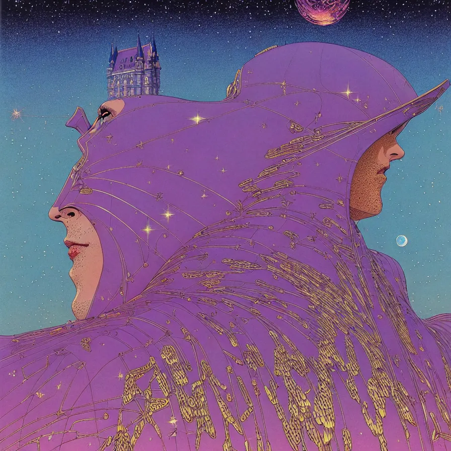 Prompt: ( ( ( ( shinning starry sky and a huge castle, with decorative frame design ) ) ) ) by mœbius!!!!!!!!!!!!!!!!!!!!!!!!!!!, overdetailed art, colorful, artistic record jacket design