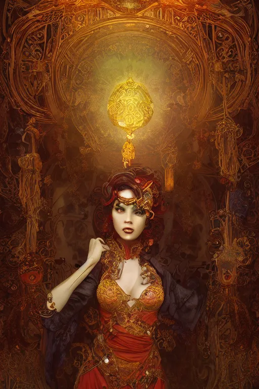 Image similar to tarot card artstation, portrait of a tarot card reader, sunrise, baroque ornament and rococo ornament, ancient chinese ornate, hyperdetailed, beautiful lighting, craig mullins, mucha, klimt, yoshitaka amano, red and gold and orange color palatte