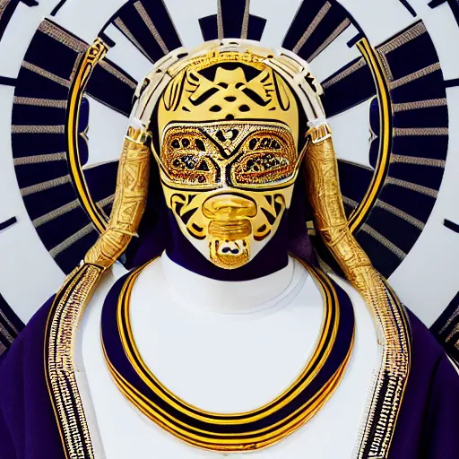 Image similar to portrait of masked dune dynasty with versace clothes, white background, versace logo, 8 k, symmetrical, 3 d render, octane render, insane details