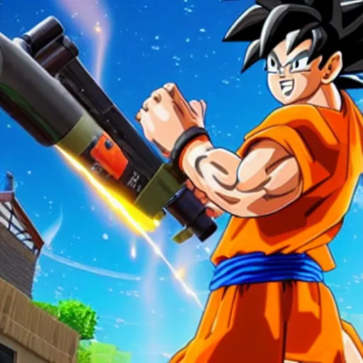 Prompt: still of goku holding a rocket launcher from fortnite