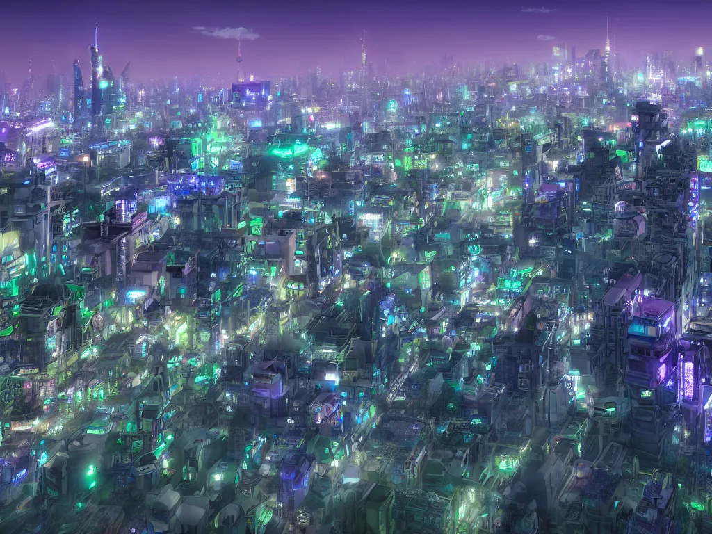 Prompt: a beautiful otherworldly fantasy model cityscape of tokyo in extreme detail, studio ghibli and pixar and abzu, rendering, cryengine, deep colors, purple and blue and green colors, vray render, cgsociety, bioluminescent