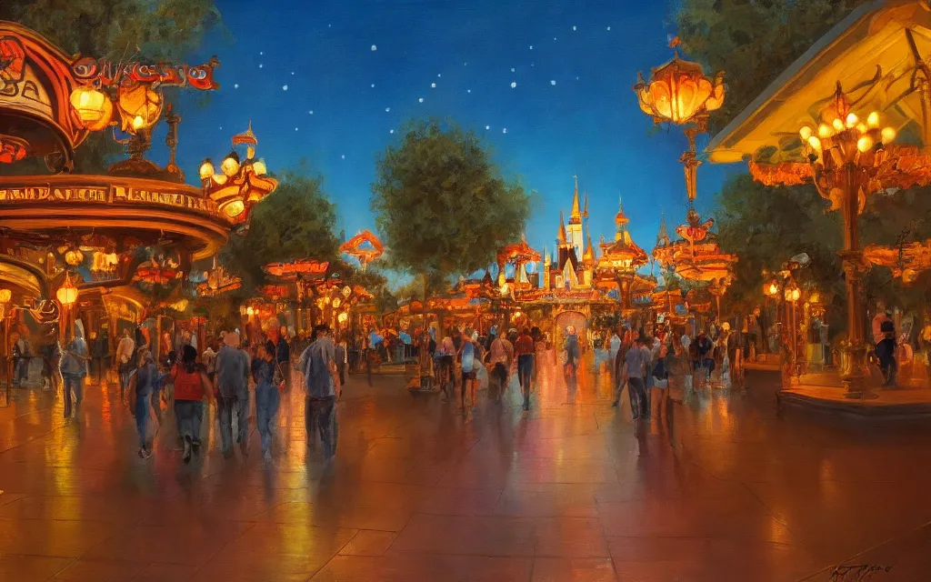 Prompt: Wandering through Disneyland at night. A beautiful painting by Thomas Edlin. 4K HD Wallpaper. Premium Prints Available