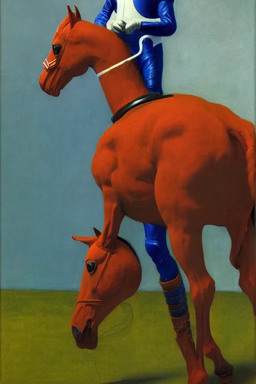 Image similar to man in horse costume, horse in costume astronaut, horse racing, astronaut helmet on horseback, hauntingly surreal, highly detailed painting by francis bacon, edward hopper, adrian ghenie, gerhard richter, and james jean soft light 4 k,