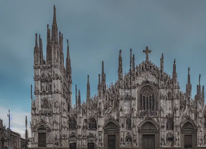 Image similar to duomo di milano post apocalyptic, vegetation, ultra realistic, insane details, cinematic, epic composition, unreal engine, octane render