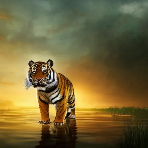 Image similar to bipedal tiger in a bandit costume standing in swamp water gazing at the sunset, fantasy, cinematic, studio ghibli, wide shot, dramatic lighting, dynamic, ultra realistic, ultra detailed, 8 k, thin line work, trending on artstation