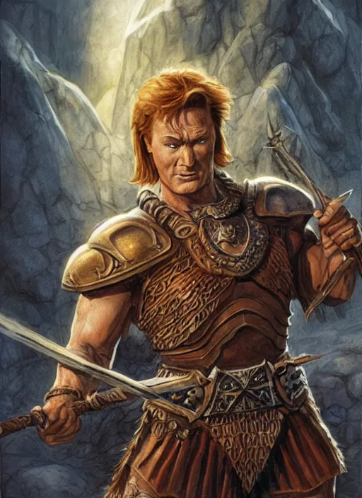 Prompt: illustration of conan o'brien as a dnd paladin with short blonde hair and big muscles, casting a protection spell, by john howe, james gurney