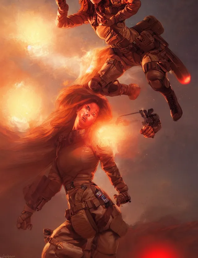 Image similar to a brown - haired woman in a military uniform hovering in the air glowing with red light and crackling energy, by frank fazetta and peter mohrbacher, trending on artstation, digital art, 4 k resolution, detailed, high quality, sharp focus, hq artwork, coherent, insane detail, concept art, character concept, character full body portrait