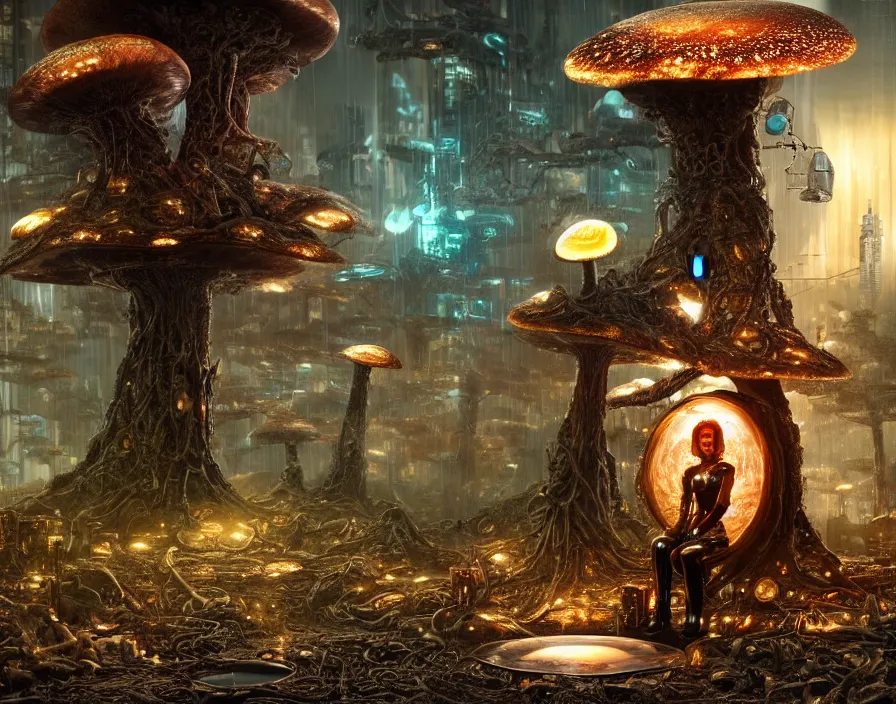 Image similar to photo of an intricate and sophisticated terminator woman with borg enhancements sitting on a giant mushroom in a weird magical forest and drinking a cup of tea. Very detailed 8k. Fantasy cyberpunk horror