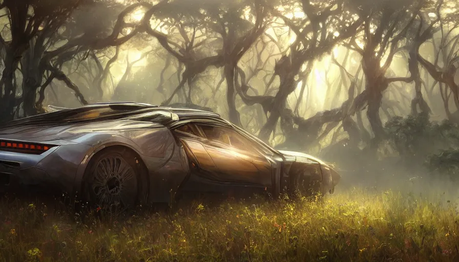 Image similar to the car dolorean, through the african savannah, artgerm and greg rutkowski and alphonse mucha, an epic fantasy, volumetric light, detailed, establishing shot, an epic fantasy, trending on art station, octane render, midsommar