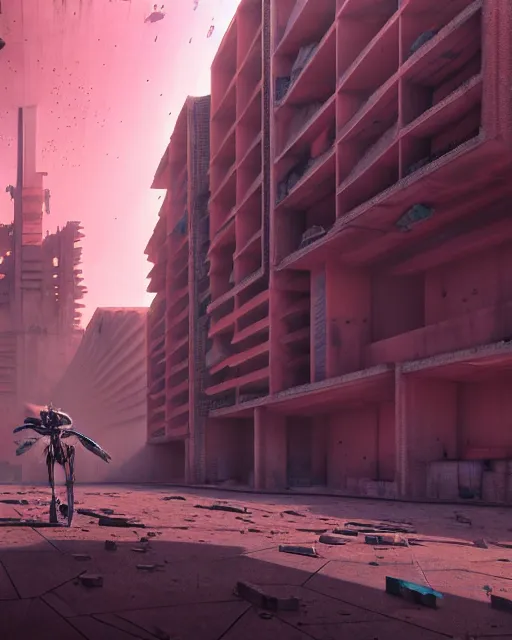 Image similar to hyperrealistic 3d render mecha iridescent pink brutalist city ruins background concept art vray santiago caruso de chirico sharp cinematic moody light 8k low angle shallow depth of field