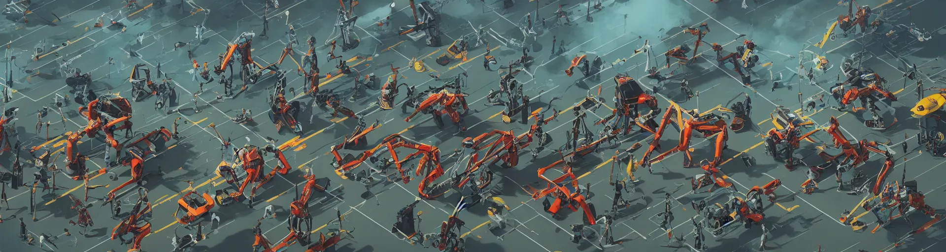 Image similar to fantastic robots fighting with each other in new zealand, dynamic scene, work in the style of simon stalenhag, 2 k