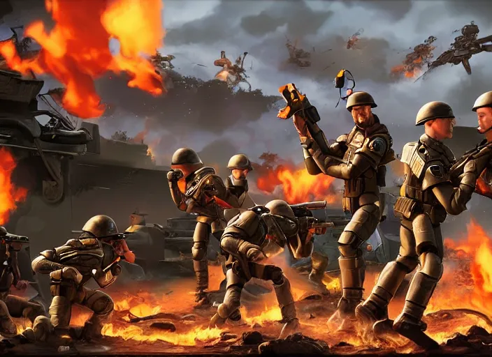 Image similar to digital painting of xcom squad taking fire from the toy story aliens in a world war 2 battlefield, sharp focus, intricate