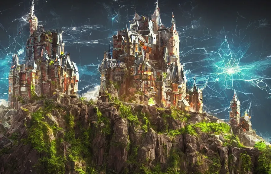 Image similar to a futuristic castle, crowded, plastic, nature, robots, digital art.