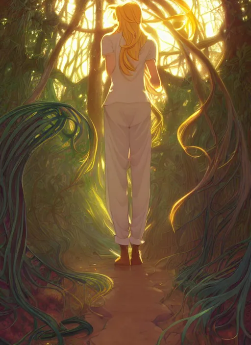 Image similar to book cover design, slender young man with long golden blond hair, shiny and sparkling, from behind, back shot, lost in a magical forest, natural lighting, path traced, highly detailed, high quality, cartoon, digital painting, by don bluth and ross tran and studio ghibli and alphonse mucha