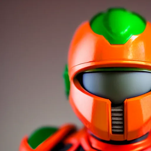 Prompt: helmet portrait of a figurine of samus aran's varia suit from the sci - fi nintendo videogame metroid. glossy. red round helmet, orange shoulder pads, green visor. shallow depth of field. suit of armor.