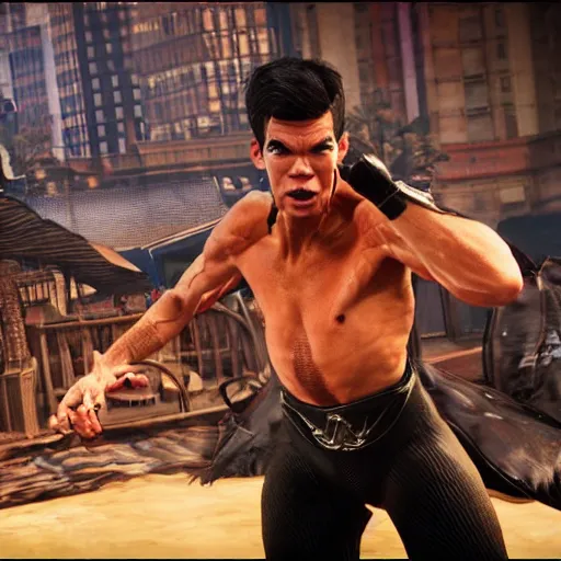 Image similar to John Mulaney rendered in Mortal Kombat 11 in a fight pose