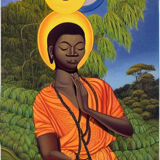 Image similar to contented peaceful congolese!!! bodhisattva, praying meditating, in a scenic environment, detailed, portrait by ernie barnes and gerard sekoto