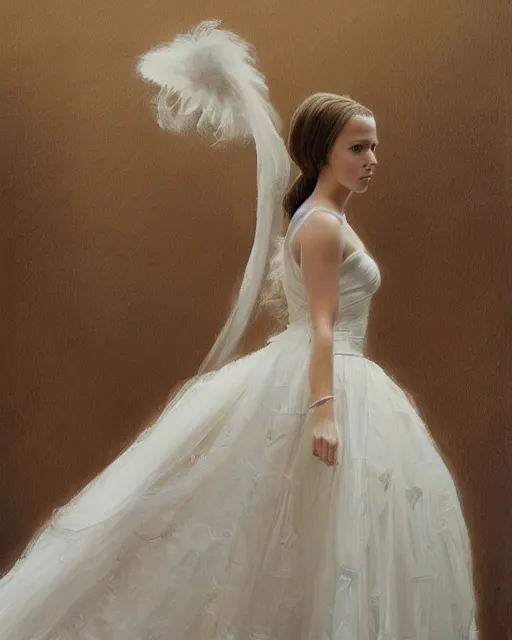 Image similar to a painting of a girl resembling alicia vikander or millie bobby brown in a wedding dress, highly detailed, intricate, artstation, concept art, by donato giancola