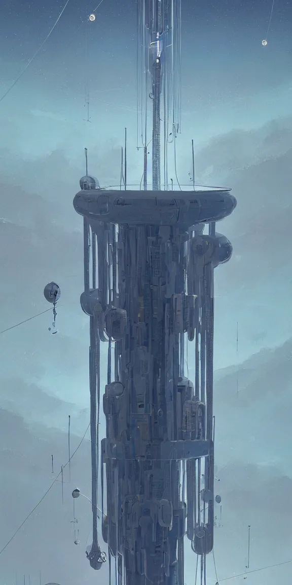 Image similar to tall space elevator with long tendrils, lots of hanging cables and antennas, sci - fi concept art, by john harris, by simon stalenhag, stunning, award winning