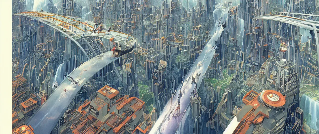 Prompt: A beautiful illustration of a futuristic city of bridges built on a world of waterfalls by Robert McCall and Ralph McQuarrie | Graphic Novel, Visual Novel, Colored Pencil, Comic Book:.6 | unreal engine:.3 | | viewed from above | establishing shot:.7