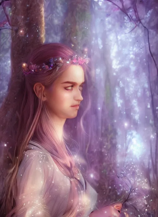 Prompt: beatiful ethereal elf princess in an enchanted forest, 3/4 side view, hair jewellery, fully clothed, light mist, light rays sieving through the trees, shallow depth of field, focus on the face, coherent composition, by Yuumei, by Artgerm, by WLOP