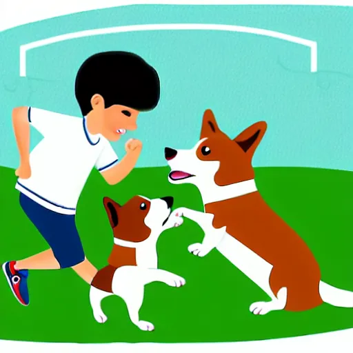 Image similar to illustration of french boy playing football with a corgi who is wearing a polka dot scarf