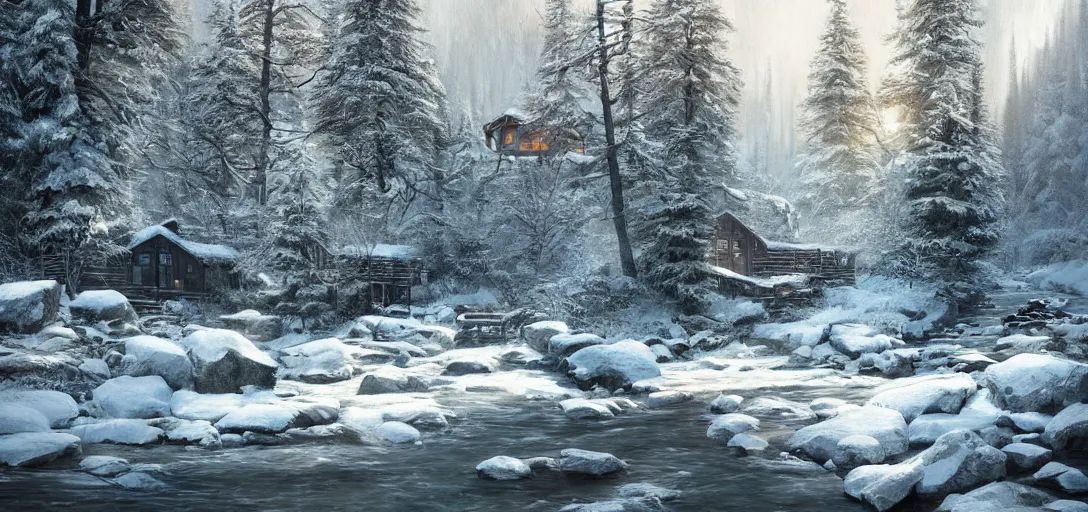 Image similar to cozy lodge beside a river stream in the canadian wilderness in winter, dramatic lighting, cinematic, establishing shot, extremely high detail, photo realistic, cinematic lighting, post processed, concept art, artstation, matte painting, style by eddie mendoza, raphael lacoste, alex ross