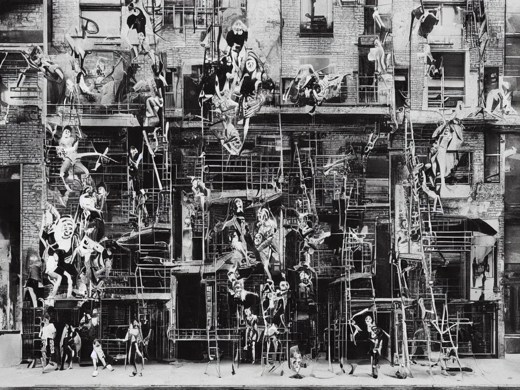 Prompt: “night color flash photography of punk and goth kids hanging from scaffolding and in various poses in front of shuddered NYC stores photographed by Cindy Sherman”