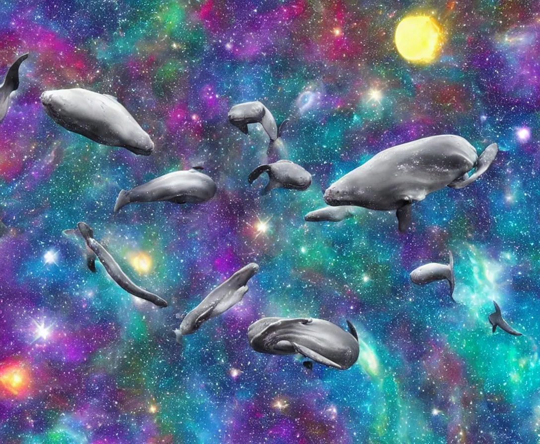 Prompt: whales swimming in space, colorful galaxy