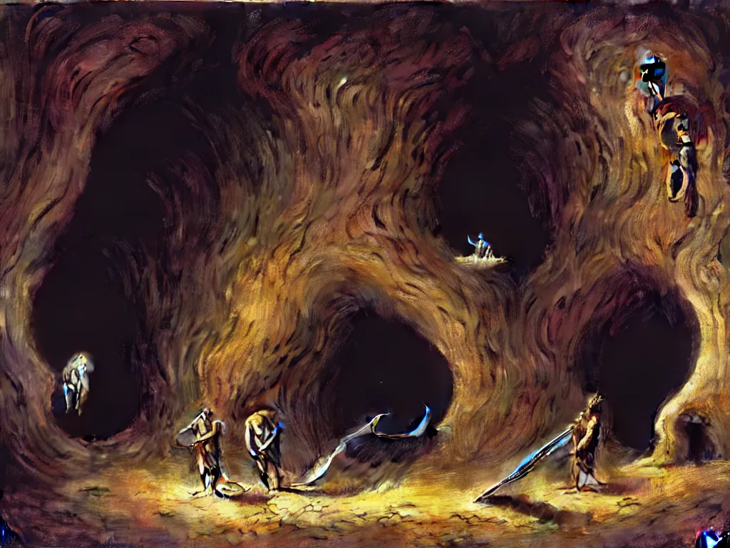 Image similar to a big mouth turns into a cave with strange bearded beings with scythes, 4 k, art by jaroslaw jasnikowski