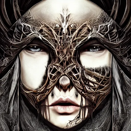 Prompt: Elden Ring themed painting of hybrid majestic biomechanical satanic cultist human beautiful undead angel symmetrical face angry mask closeup face breathing mask tattoo pattern golden ratio concept, deep forest psytrance Neo-Gothic concept, infinity glyph waves, intricate artwork masterpiece, very coherent artwork, cinematic, full frontal facial features by Artgerm, Takato Yamamoto, Zdizslaw Beksinski, Johnatan Wayshak, Moebius, Ayami Kojima, very anatomically coherent artwork, trending on cgsociety, ultra high quality model, production quality cinema model, high detail chromatic ink outline, octane render, unreal engine 8k, hyper realism, high detail, octane render, unreal engine, 8k, High contrast