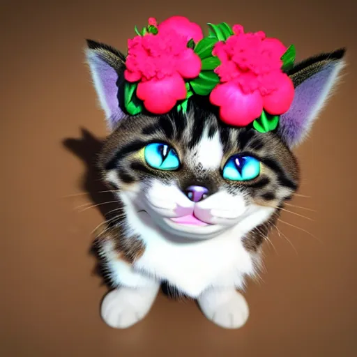 Prompt: high quality 3 d render very cute fluffy cat with hawaiian lei necklace and flower crown on head, highly detailed, unreal engine cinematic smooth low angle, uhd 8 k, sharp focus