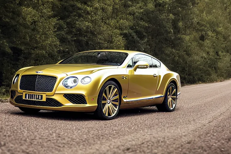 Image similar to Bentley Continental GT in shiny gold film drives along old Russian village road