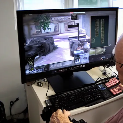 Prompt: an old man streaming an FPS game on his computer