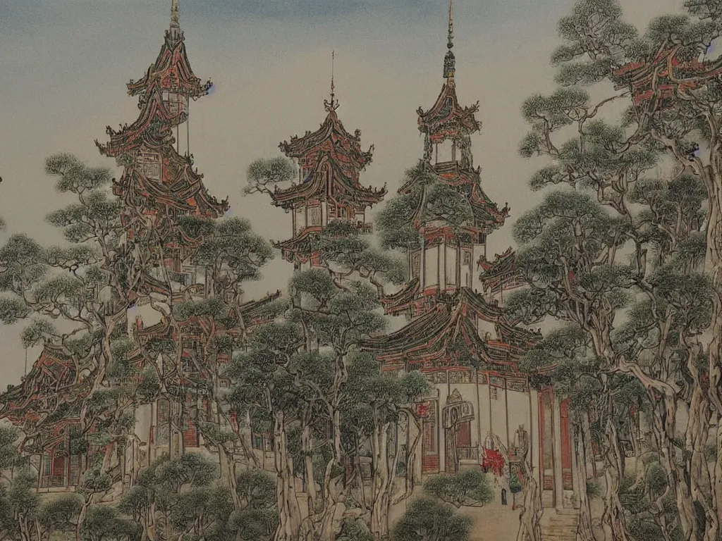 Prompt: A beautiful landscape painting of a Chinese traditional Gothic church