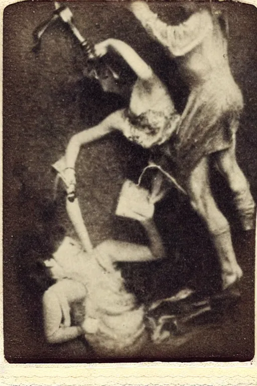 Image similar to man breaking into pieces while a woman tries to hold the fallen parts, surreal, 1 9 1 0 polaroid photo