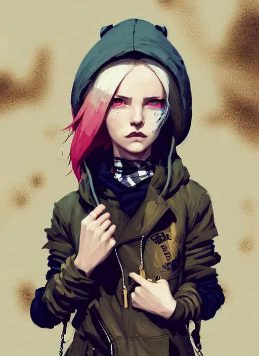 Image similar to highly detailed portrait of a sewer punk lady student, blue eyes, burberry hoodie, white hair by atey ghailan, by greg rutkowski, by greg tocchini, by james gilleard, by joe fenton, by kaethe butcher, gradient gold, black, brown and pink color scheme, grunge aesthetic!!! ( ( graffiti tag wall background ) )