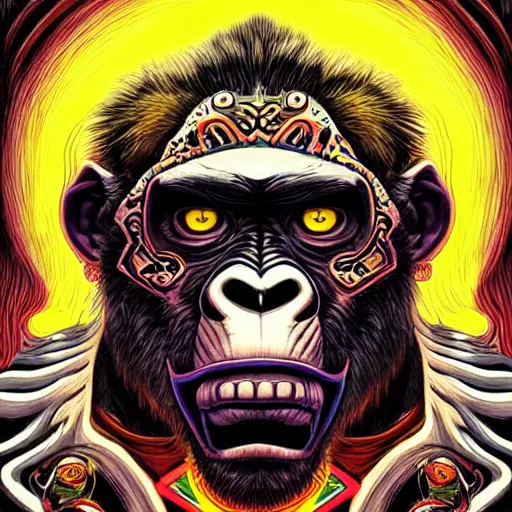 Image similar to barong family member faced jim carrey, jim carrey!, wiwek, mara demon, one single tribe member, jungle, one single mask, dark, ancient warrior, grumpy gorilla, violence blood, tribal, inner glow, art by dan mumford and justin gerard