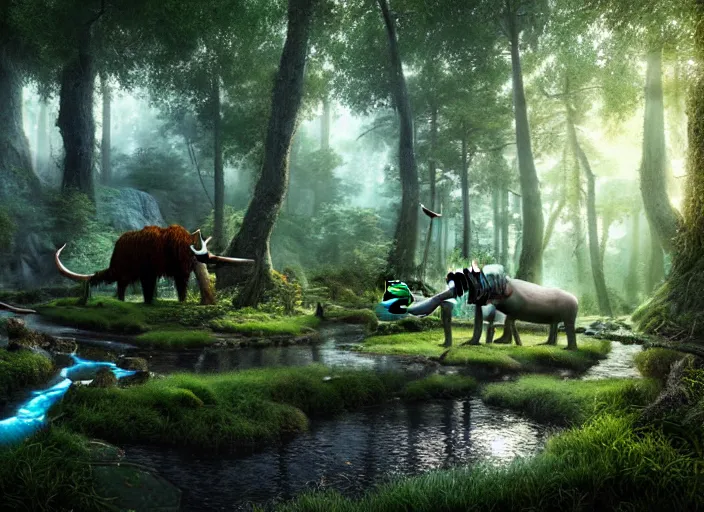 Prompt: hyperrealism, detailed textures, photorealistic, 3 d render, a surreal mystical forest with a bright blue winding creek, a wooly mammoth grazing, ultra realistic cinematic, intricate, cinematic light, concept art, illustration, art station, unreal engine